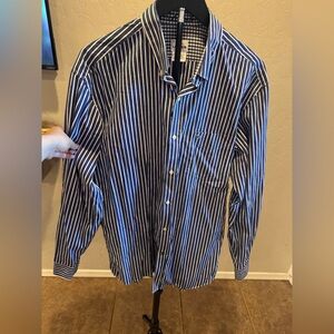 Lacoste Men's Navy and White Vertical Stripe Dress Shirt